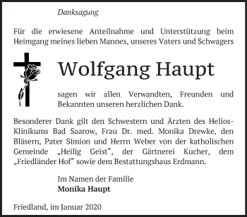 Traueranzeige von Wolfgang Haupt von Märkische Oderzeitung