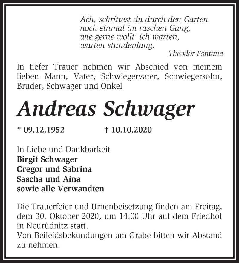  Traueranzeige für Andreas Schwager vom 25.10.2020 aus Märkische Oderzeitung