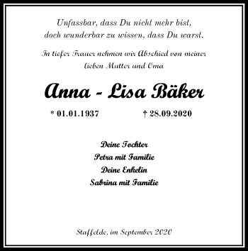 Traueranzeige von Anna-Lisa Bäker von Märkische Oderzeitung