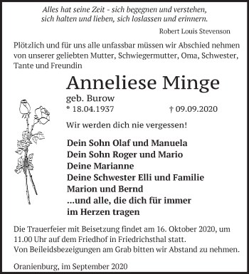 Traueranzeige von Anneliese Minge von Märkische Oderzeitung