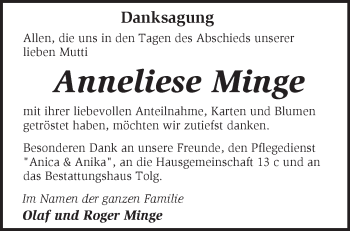 Traueranzeige von Anneliese Minge von Märkische Oderzeitung