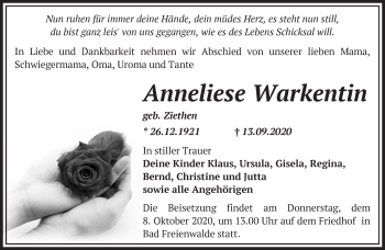 Traueranzeige von Anneliese Warkentin von Märkische Oderzeitung