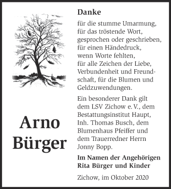 Traueranzeige von Arno Bürger von Märkische Oderzeitung