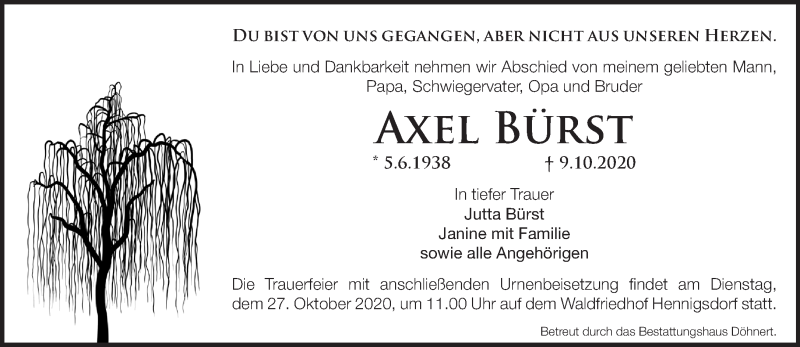  Traueranzeige für Axel Bürst vom 17.10.2020 aus Märkische Oderzeitung