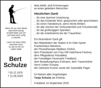 Traueranzeige von Bert Schulze von Märkische Oderzeitung