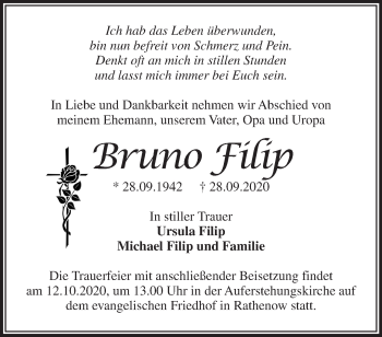 Traueranzeige von Bruno Filip von Märkische Oderzeitung