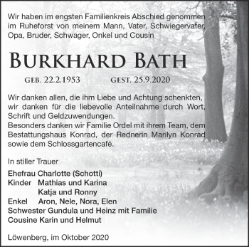 Traueranzeige von Burkhard Bath von Märkische Oderzeitung