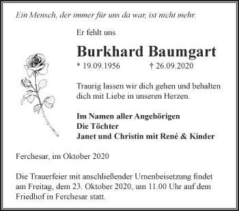 Traueranzeige von Burkhard Baumgart von Märkische Oderzeitung