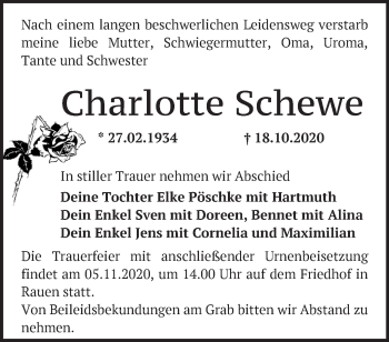 Traueranzeige von Charlotte Schewe von Märkische Oderzeitung