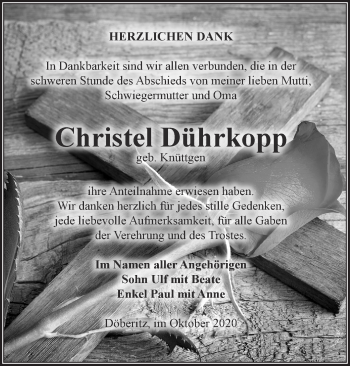 Traueranzeige von Christel Dührkopp von Märkische Oderzeitung