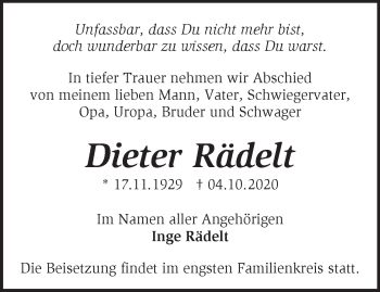 Traueranzeige von Dieter Rädelt von Märkische Oderzeitung