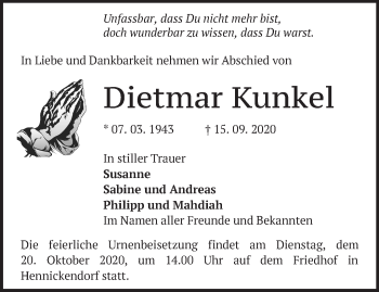 Traueranzeige von Dietmar Kunkel von Märkische Oderzeitung