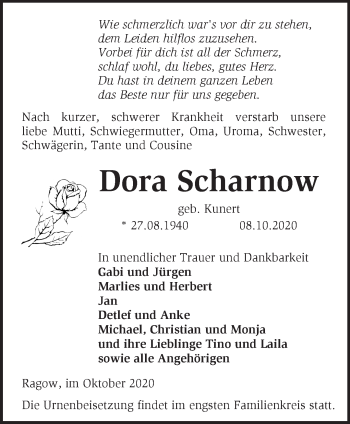 Traueranzeige von Dora Scharnow von Märkische Oderzeitung