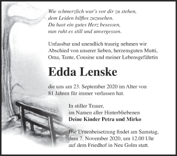 Traueranzeige von Edda Lenske von Märkische Oderzeitung