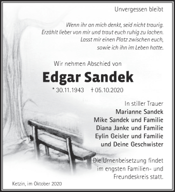 Traueranzeige von Edgar Sandek von Märkische Oderzeitung