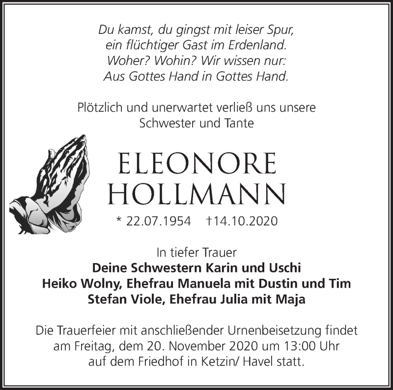  Traueranzeige für Eleonore Hollmann vom 25.10.2020 aus Märkische Oderzeitung