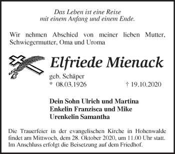 Traueranzeige von Elfriede Mienack von Märkische Oderzeitung