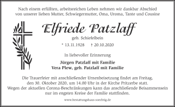 Traueranzeige von Elfriede Patzlaff von Märkische Oderzeitung