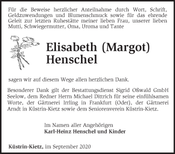 Traueranzeige von Elisabeth Henschel von Märkische Oderzeitung