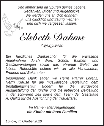 Traueranzeige von Elsbeth Dahms von Märkische Oderzeitung