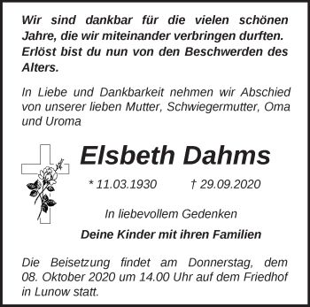 Traueranzeige von Elsbeth Dahms von Märkische Oderzeitung