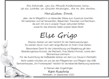 Traueranzeige von Else Grigo von Märkische Oderzeitung