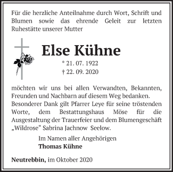 Traueranzeige von Else Kühne von Märkische Oderzeitung