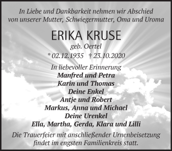 Traueranzeige von Erika Kruse von Märkische Oderzeitung