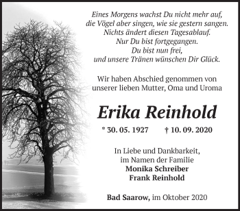 Traueranzeige von Erika Reinhold von Märkische Oderzeitung