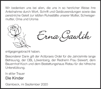 Traueranzeige von Erna Gawlik von Märkische Oderzeitung