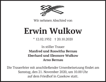 Traueranzeige von Erwin Wulkow von Märkische Oderzeitung