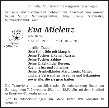 Traueranzeige von Eva Mielenz von Märkische Oderzeitung