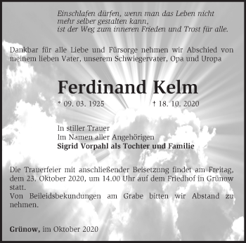 Traueranzeige von Ferdinand Kelm von Märkische Oderzeitung