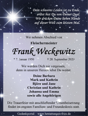 Traueranzeige von Frank Weckewitz von Märkische Oderzeitung