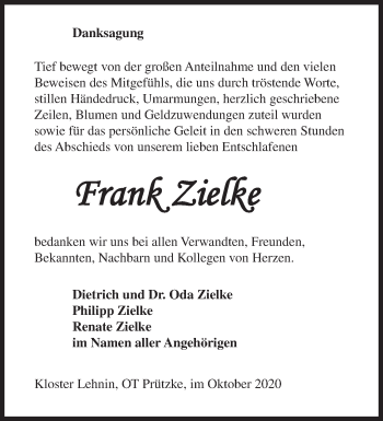 Traueranzeige von Frank Zielke von Märkische Oderzeitung