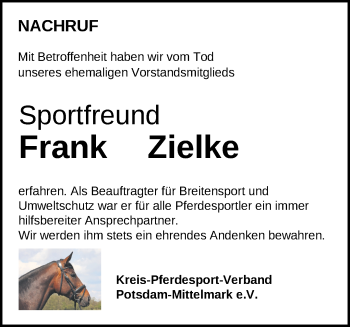 Traueranzeige von Frank Zielke von Märkische Oderzeitung