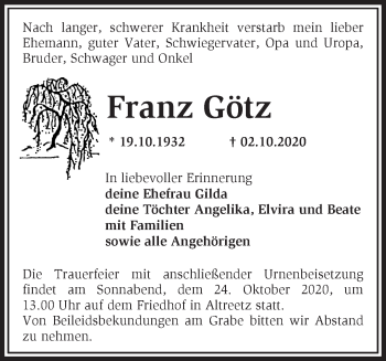 Traueranzeige von Franz Götz von Märkische Oderzeitung