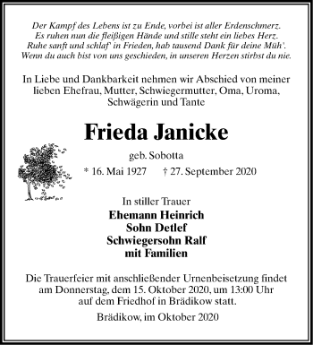 Traueranzeige von Frieda Janicke von Märkische Oderzeitung