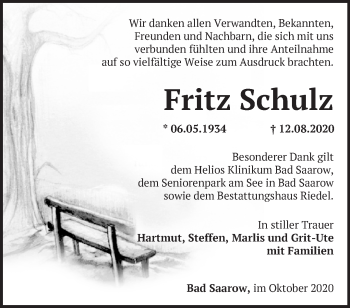 Traueranzeige von Fritz Schulz von Märkische Oderzeitung