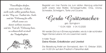 Traueranzeige von Gerda Grützmacher von Märkische Oderzeitung