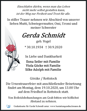 Traueranzeige von Gerda Schmidt von Märkische Oderzeitung