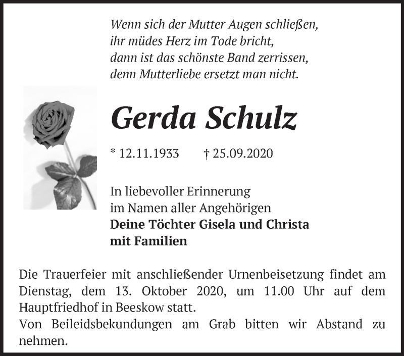  Traueranzeige für Gerda Schulz vom 04.10.2020 aus Märkische Oderzeitung