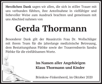 Traueranzeige von Gerda Thormann von Märkische Oderzeitung