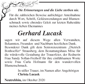 Traueranzeige von Gerhard Lucask von Märkische Oderzeitung