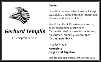 Traueranzeige von Gerhard Templin von Märkische Oderzeitung