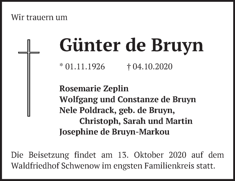  Traueranzeige für Günter de Bruyn vom 10.10.2020 aus Märkische Oderzeitung