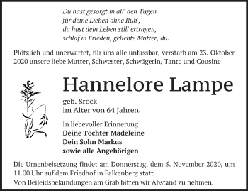 Traueranzeige von Hannelore Lampe von Märkische Oderzeitung