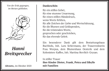 Traueranzeige von Hanni Breitsprecher von Märkische Oderzeitung