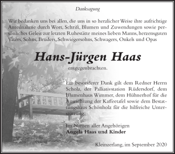 Traueranzeige von Hans-Jürgen Haas von Märkische Oderzeitung