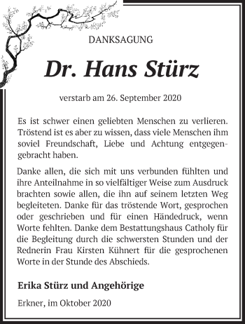 Traueranzeige von Hans Stürz von Märkische Oderzeitung